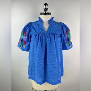 💚 3381. Textured Embroidered Puff Sleeve Blouse